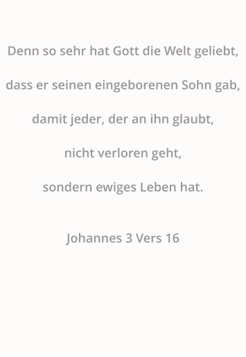Denn so sehr hat Gott die Welt geliebt,  dass er seinen eingeborenen Sohn gab,  damit jeder, der an ihn glaubt,  nicht verloren geht,  sondern ewiges Leben hat.   Johannes 3 Vers 16